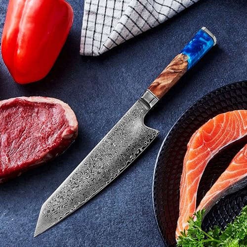 Miyamoto Japanese Chef Knife 8 Inch Steel 67 Layers Damascus Kitchen Knife, Ultra Sharp, Long Lasting Blade, High Carbon Super Steel, Carving Knife Blue Resin - Image 3