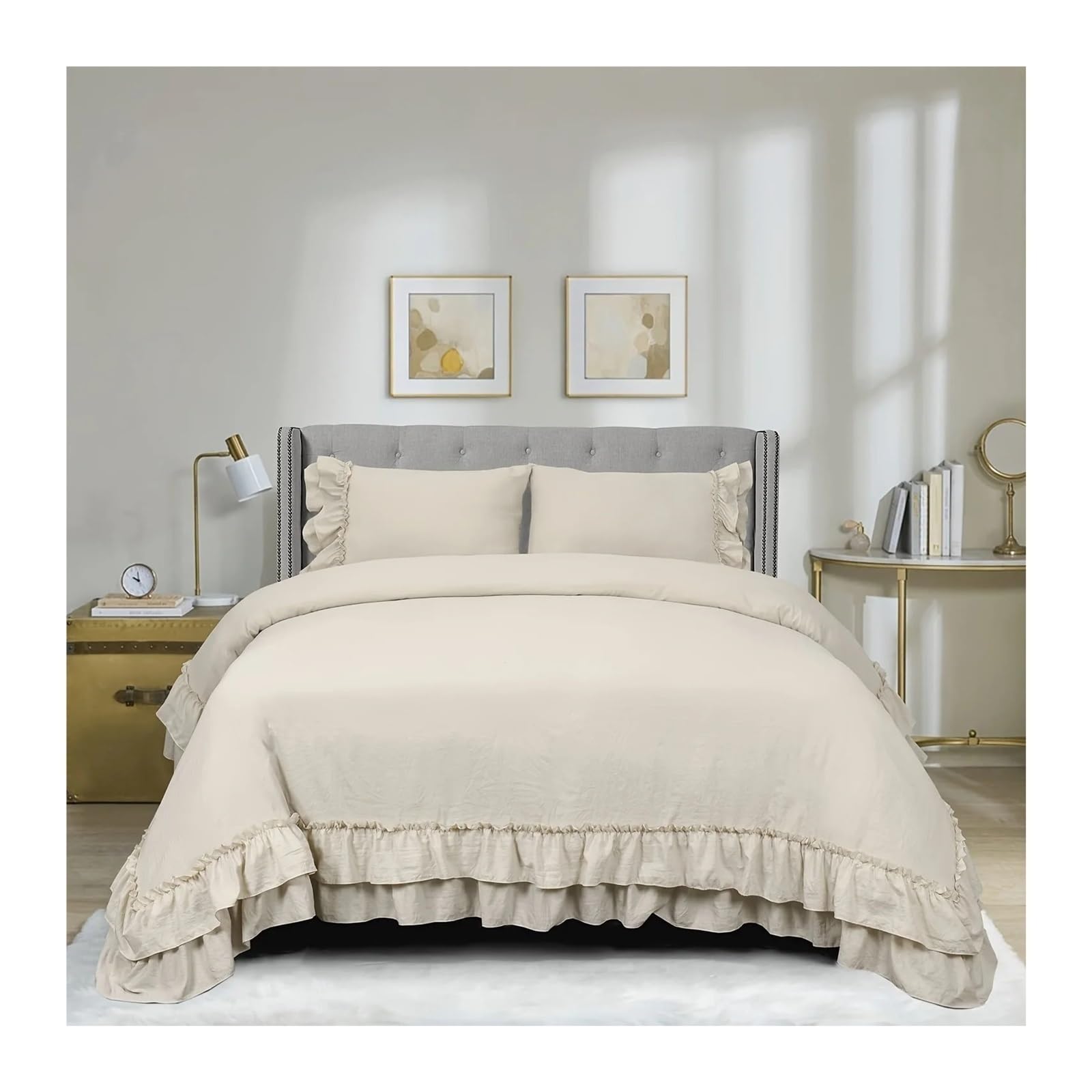 ZHSOAO 3 Piece Ruffled Duvet Cover Set Queen,Ruffle Comforter,Cozy Bedding 1 2 Pillowcases for Bed(WHITE)