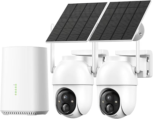 Aume Cámaras de seguridad inalámbricas para exteriores con base doméstica, sin suscripción, energía solar, vista en vivo de 4 MP, vista panorámica