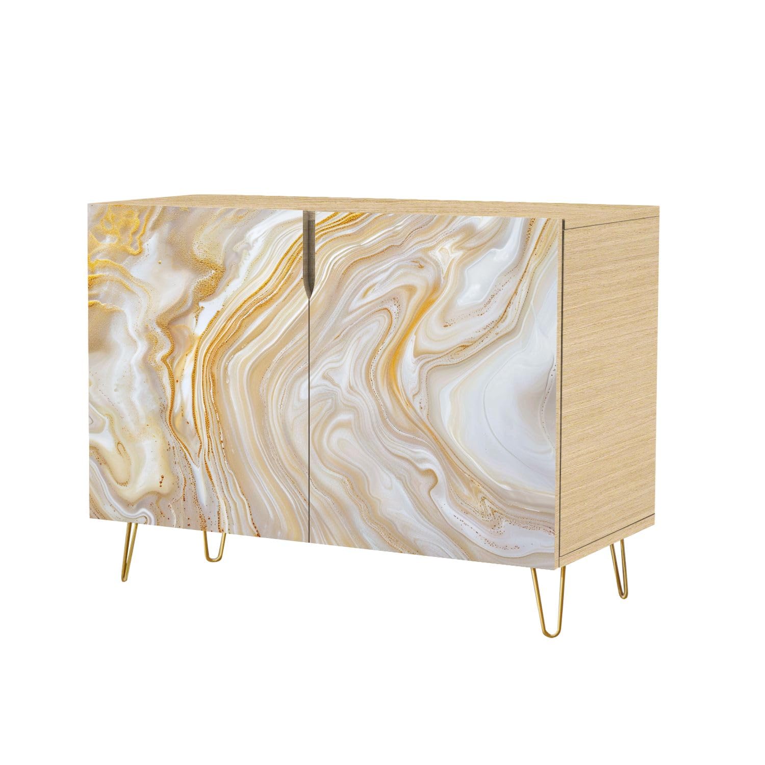 Mid Century Sideboard Buffet Kitchen Storage Cabinet Abstract Fluid Beige Golden Colors Marble Cupboard Console Table Bar Cabinet for Dining Room Hallway