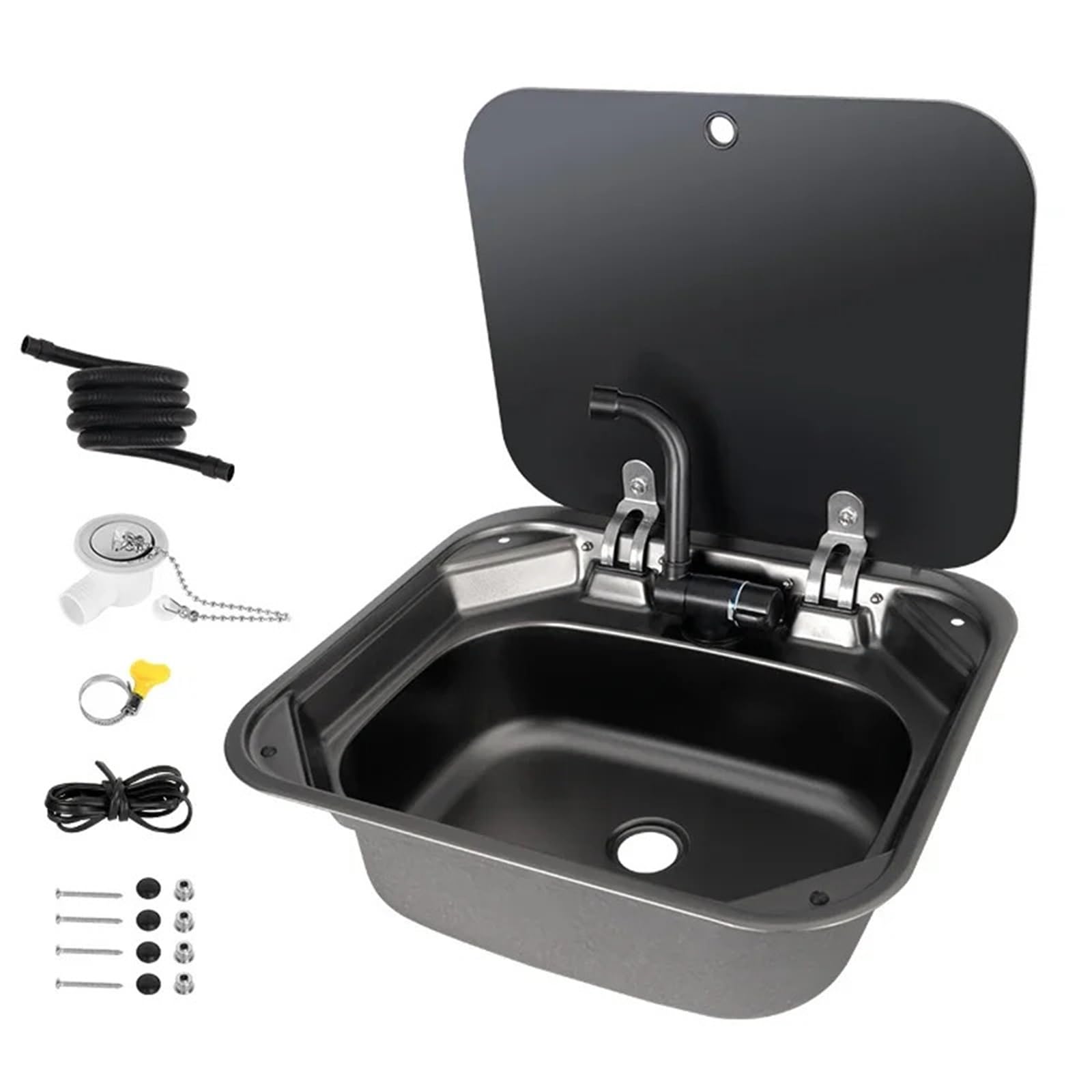 Yonmledo One Color Rv Stainless Steel Wash Sink Rv Caravan Accessories 420 Mm Tempered Glass Cover Square And Stainless-Steel Rv Accessories Kitchen Caravan Camper Sink
