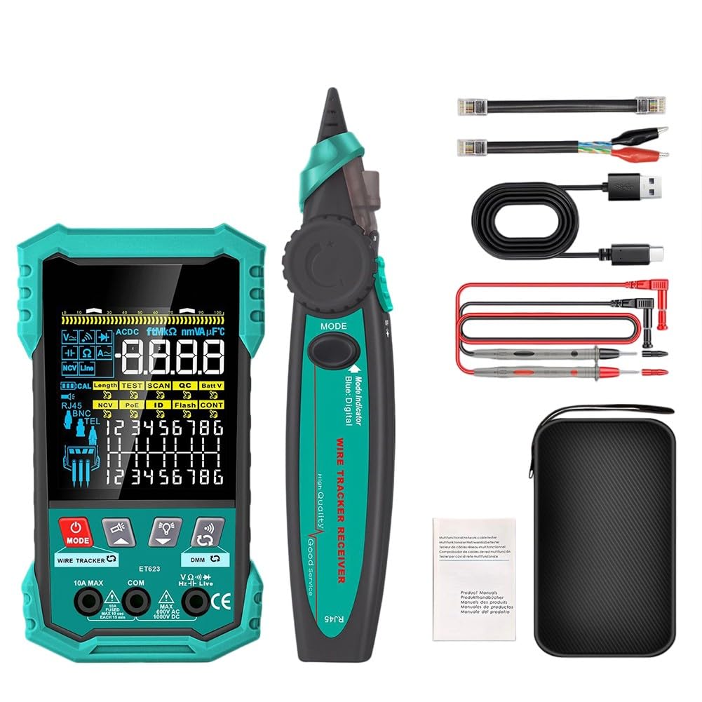 2 w 1 tester kabli sieciowych i multimetr, pomiar długości 2,5-400 m, test PoE/NCV, tester kabli RJ45/BNC z wyświetlaczem LCD, funkcją multimetru ET623, czarny/zielony