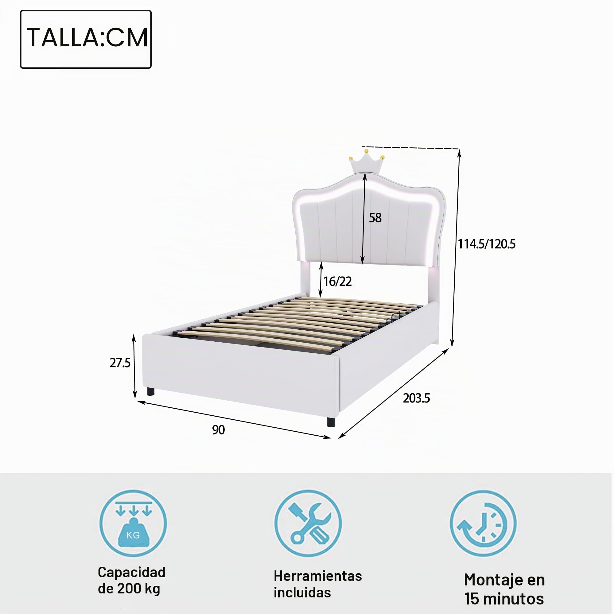Cama tapizada para niños de 90 x 200 cm, con diseño de coronas, cama de almacenamiento hidráulico, cabecero de altura regulable, cama individual con somier, piel sintética (blanco)
