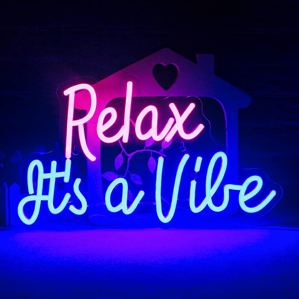 Relax It's A Vibe Neon Sign Pink and Blue LED Light for Bedroom, Living Room, Office Decor, Wellness Spaces and Home Decor Enthusiastsellness Spaces and Home Decor Enthusiasts USB Powered 9.4" x 16.5" / 24cm x 42cm Adjustable Brightness