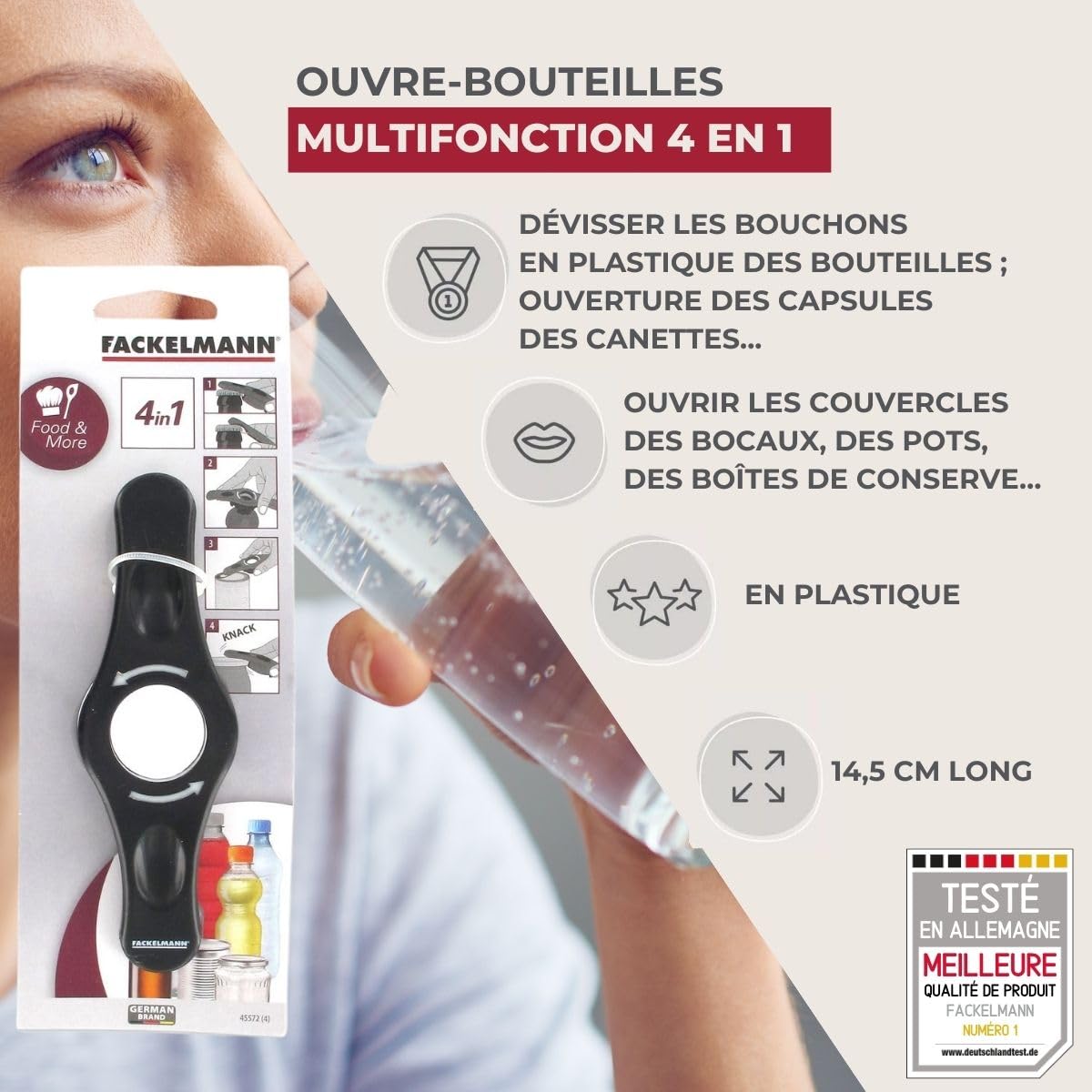 Fackelmann Ouvre bouteille 4 en 1, décapsuleur, ouvre boîte, ouvre bocal, Plastique, Noir, 14,5 x 4,5 x 2,5 cm