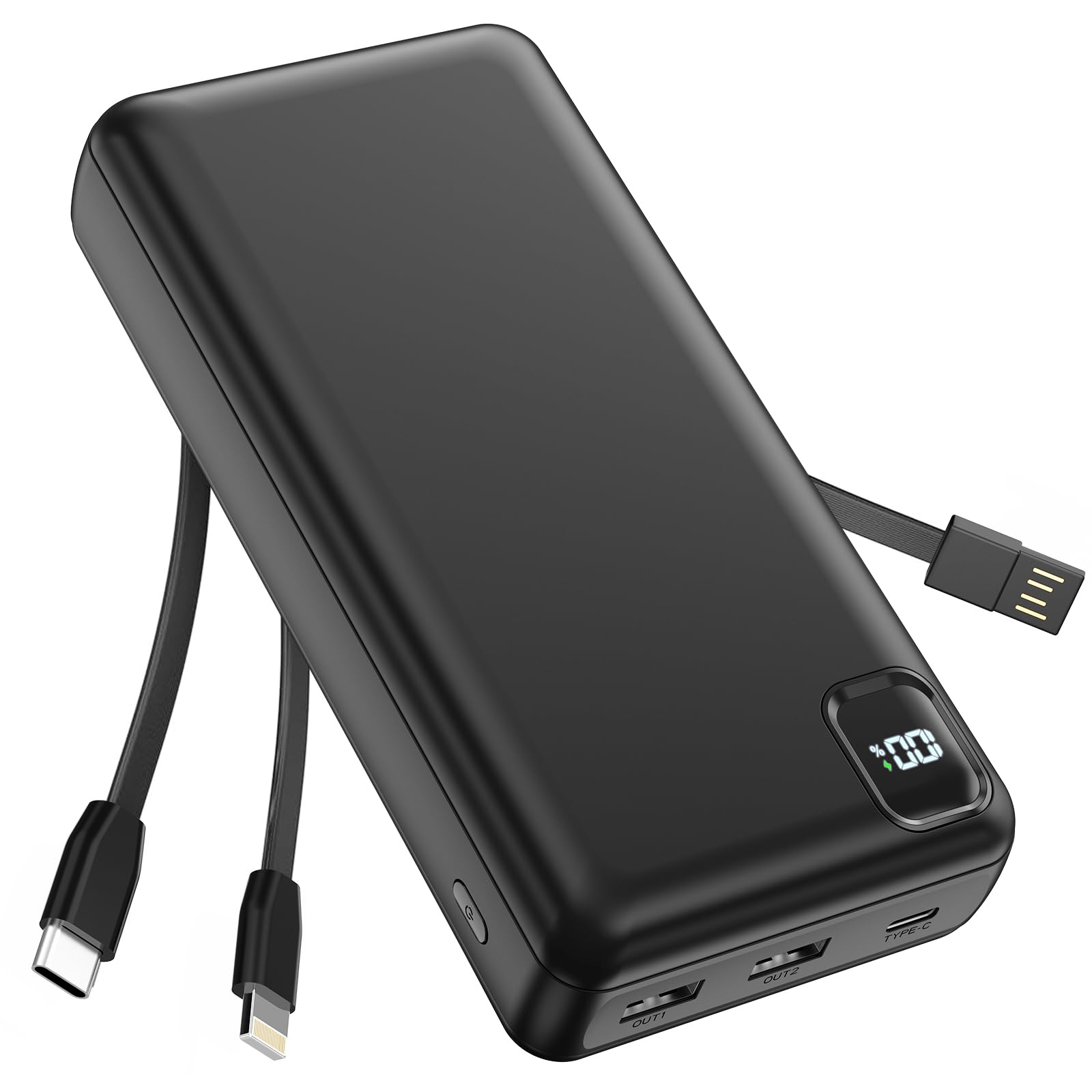 DRMARE - Power Bank 50000mAh con PD-20W e cavi integrati - 5 uscite e 2 ingressi, display LED - Alimentazione portatile per modelli iPhone 15/14/13 Pro ecc.