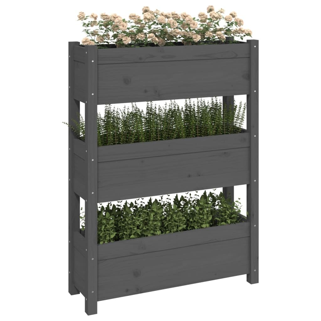 Pflanzkübel Grau 77x25x104,5 cm, Hochbeet Holz mit 3 Etagen, Vertikales Pflanzenregal aus Massivholz Kiefer für Balkon Terrasse Garten und Wohnzimmer Dekoration