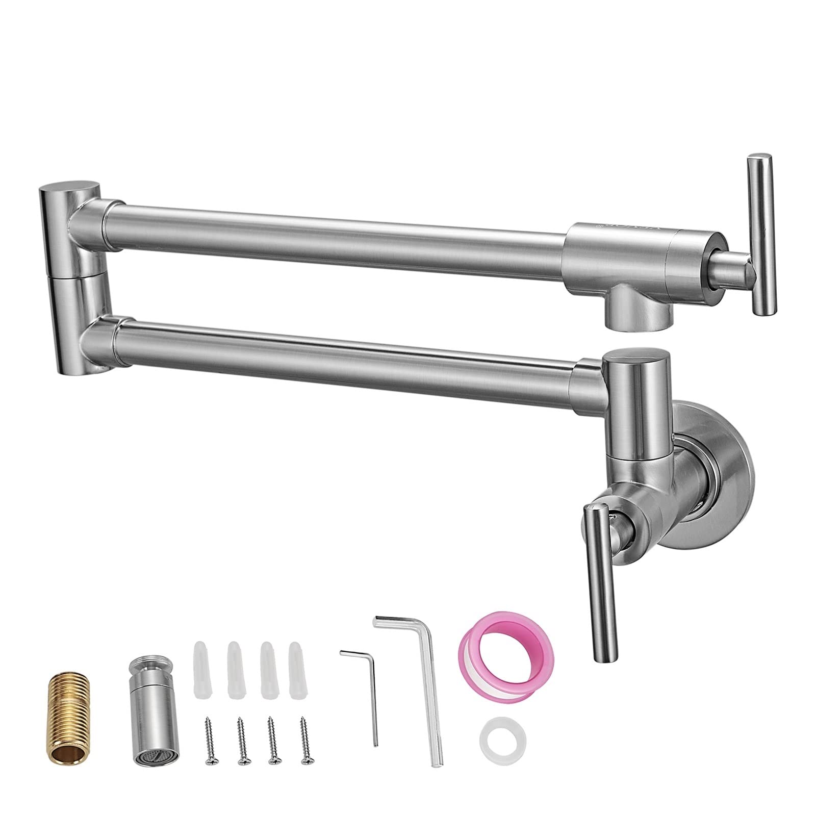 Pot Filler Double Faucet Solid Brass Commercial Wall Mount Kitchen Stove Faucet with Matte Black Finish Folding Restaurant Swing Arm(26.4in Nickel)