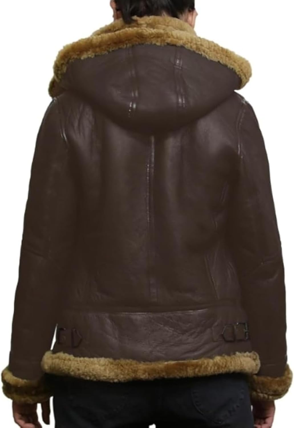 Women's Hooded Leather Jacket - Faux Fur Shearling Aviator Pilot Bomber Genuine Sheepskin Leather Jackets for Women - Image 4