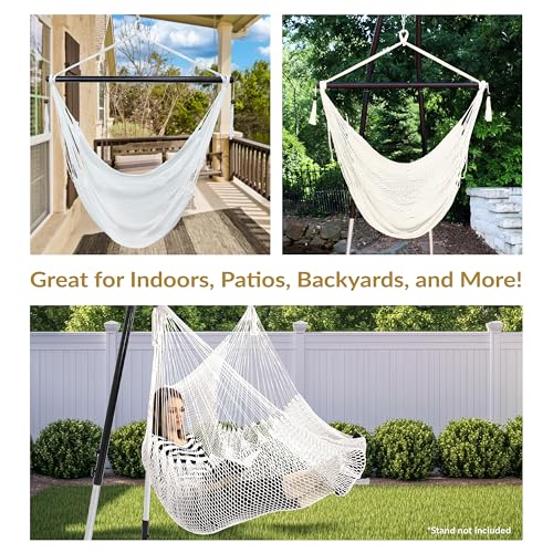 Image of Sunnydaze Outdoor Hammock Chair Swing for Reading - Hanging Hammock Swing for Indoor or Patio - 300lb Capacity - Caribbean XL - White