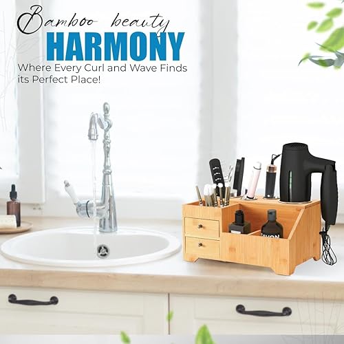 Miniatura 7 de SOLO DELIGHT NeatSpace Organizador de herramientas para el cabello, soporte para secador de pelo de bambú, almacenamiento de tocador, soporte para