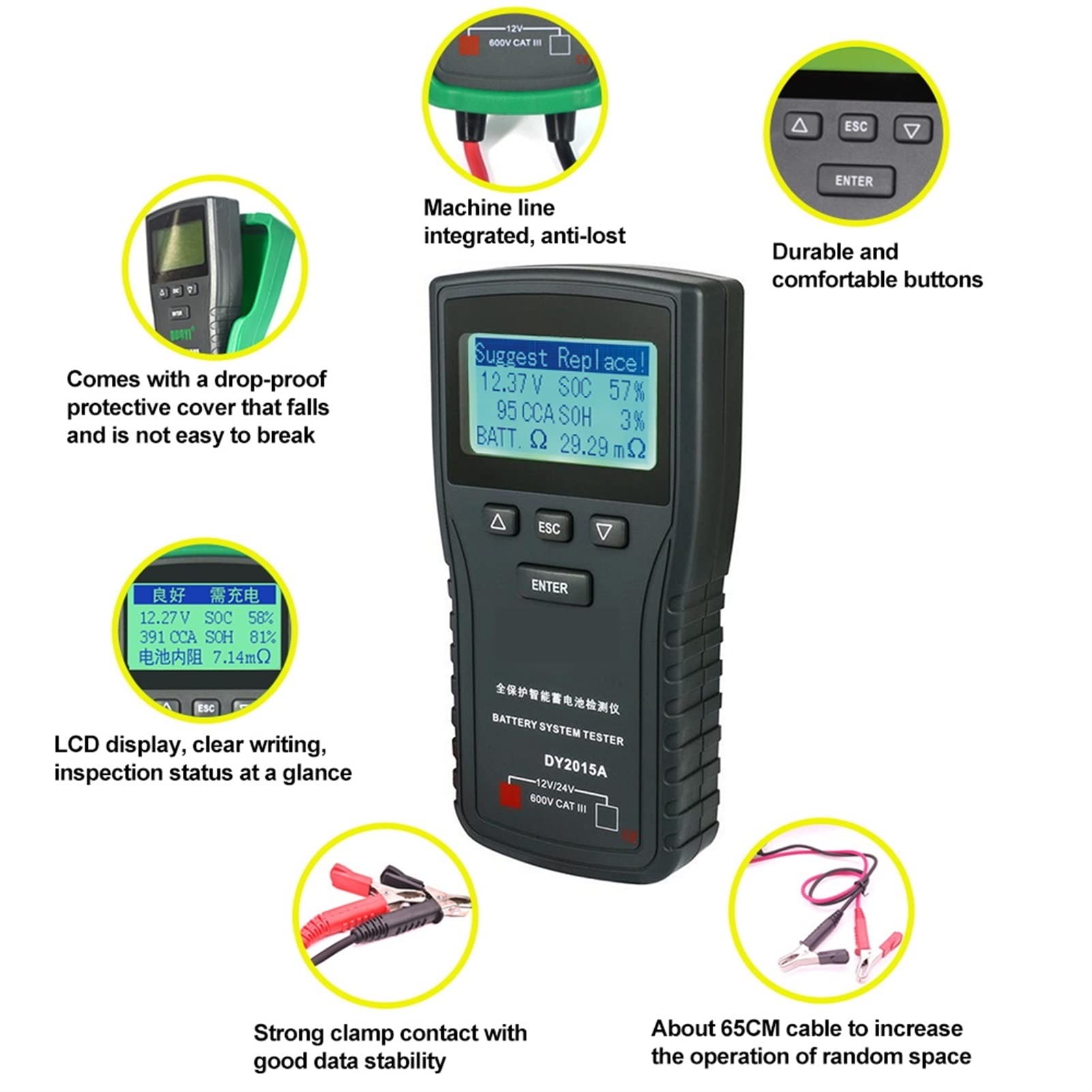 EDEDE Tester Batteria DY2015A 12V. Strumenti multimetri digitali acidi di Piombo Cca. Carica la Batteria della Carica della Batteria Testo della Batteria for Il Motociclo dei Camion dei Veicoli