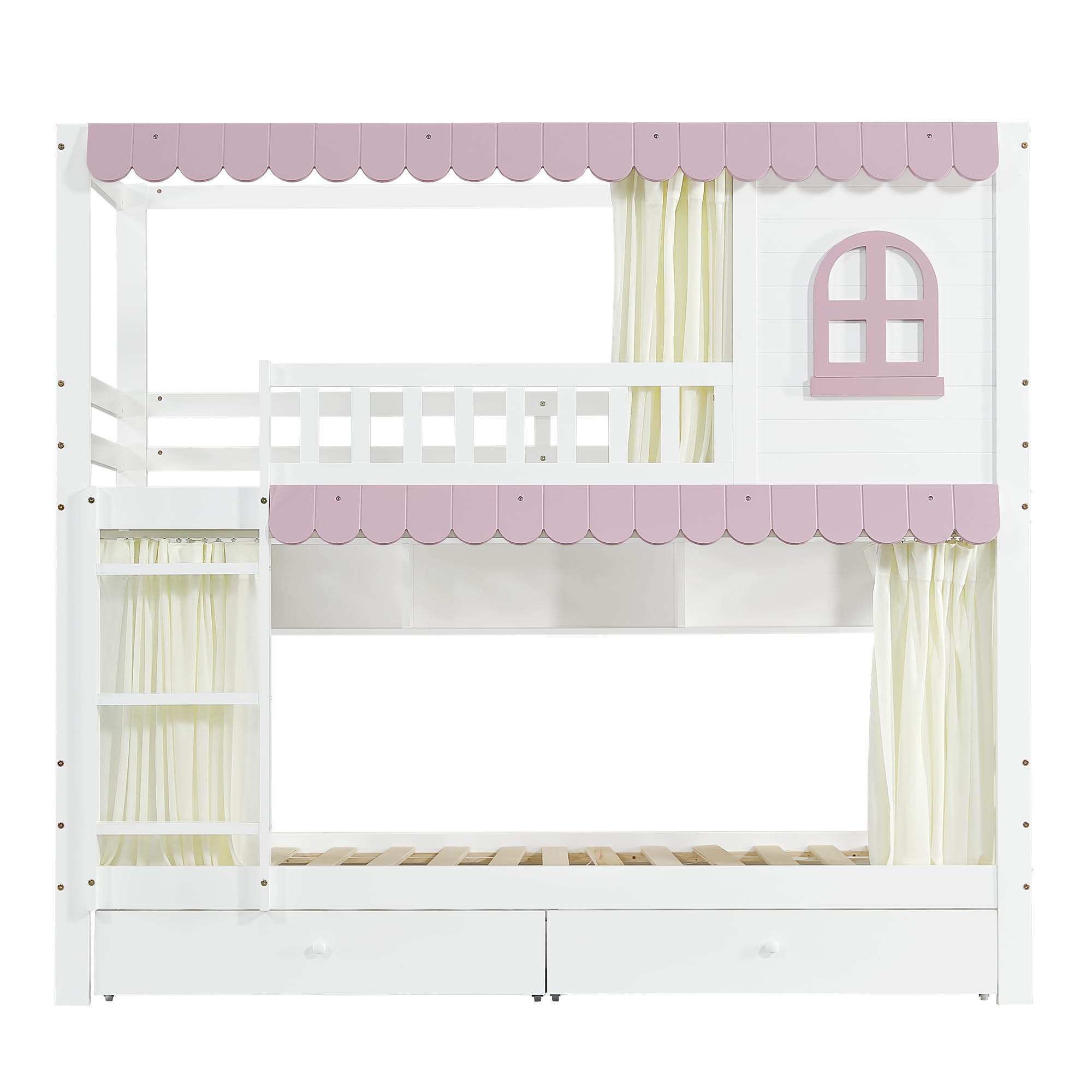 Letto a castello per bambini, 90 x 200 cm, con design a tenda, 2 cassetti grandi e scomparti multipli nel letto, lettino con rete anticaduta e rete a doghe, pino+MDF, bianco+rosa