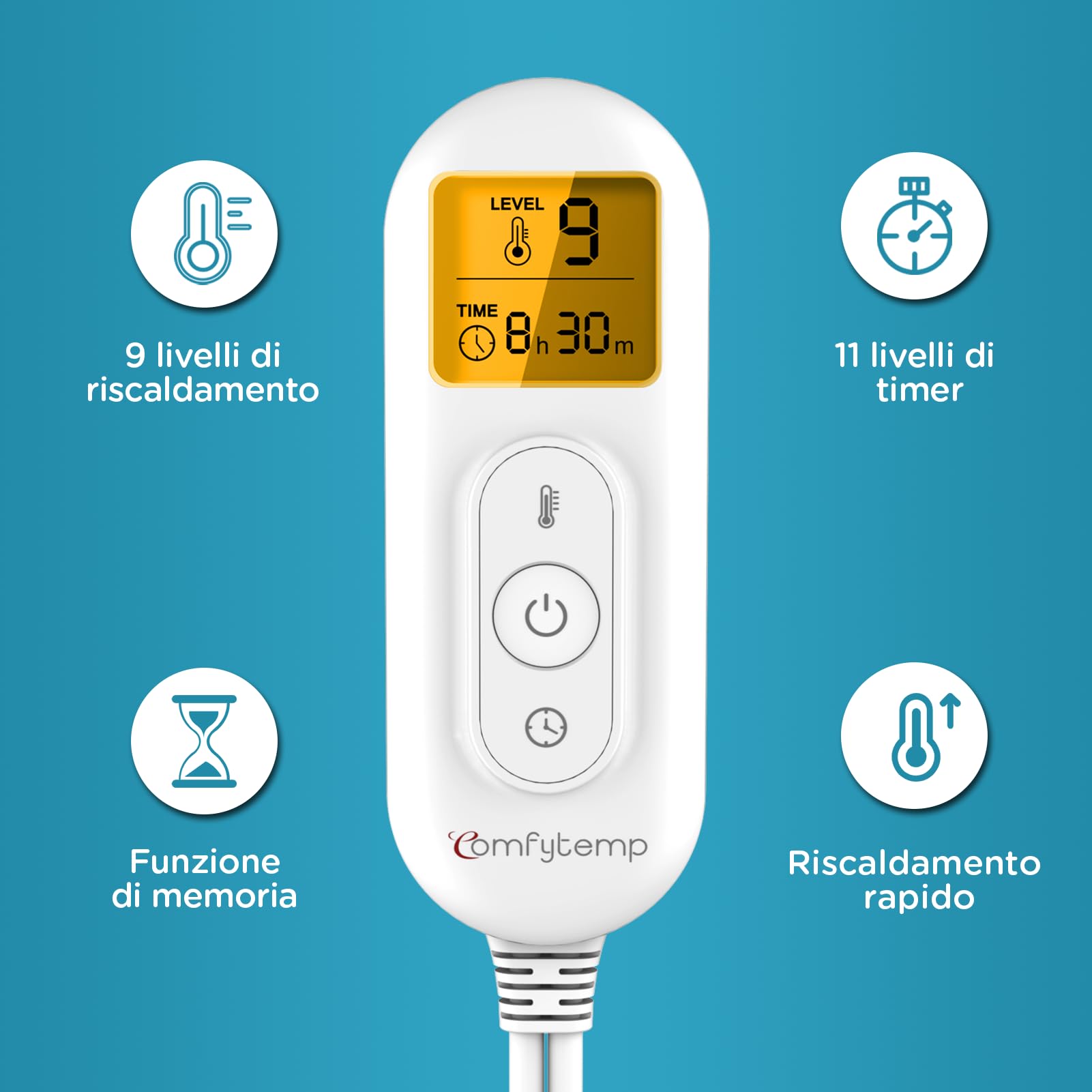 Comfytemp Fascia Riscaldante Schiena Extra Large, 9 Livelli Temperatura, Timer 11, Scalda Schiena Elettrico, 39x61 cm Termoforo Lombare per Schiena e Adome, Lavabile, Regalo (Max: 120 cm)