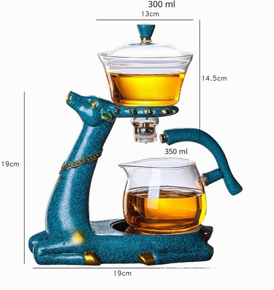 RORA - Juego de té de cristal resistente al calor Kungfu con calefacción magnética, tapa giratoria, cuenco perezoso semiautomático de vidrio de ciervo (tetera con 6 tazas)