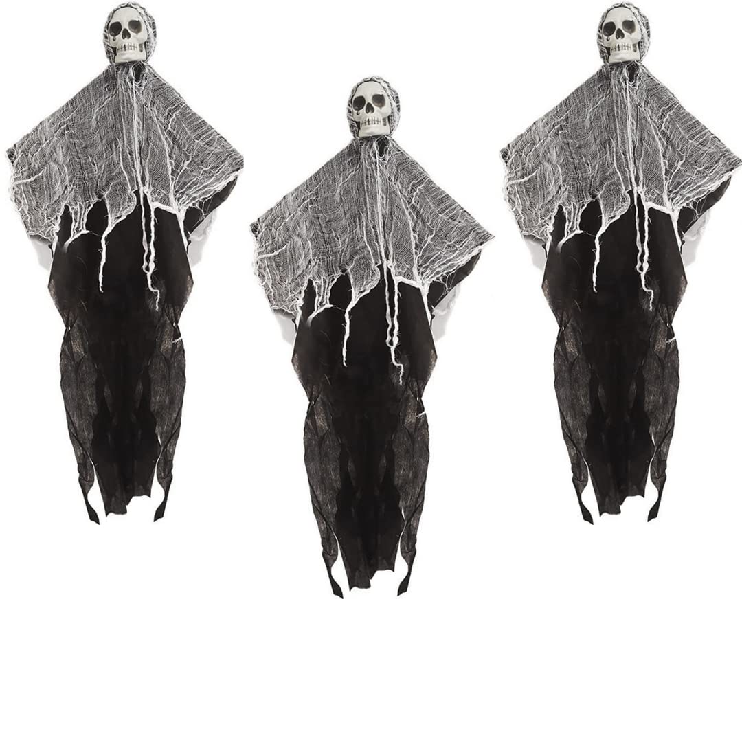 TRIXES Wiszący duch - dekoracje na drzwi - wisząca czaszka - Halloween - ogród dla domu - ganek - czarne drzwi wejściowe - 3 szt