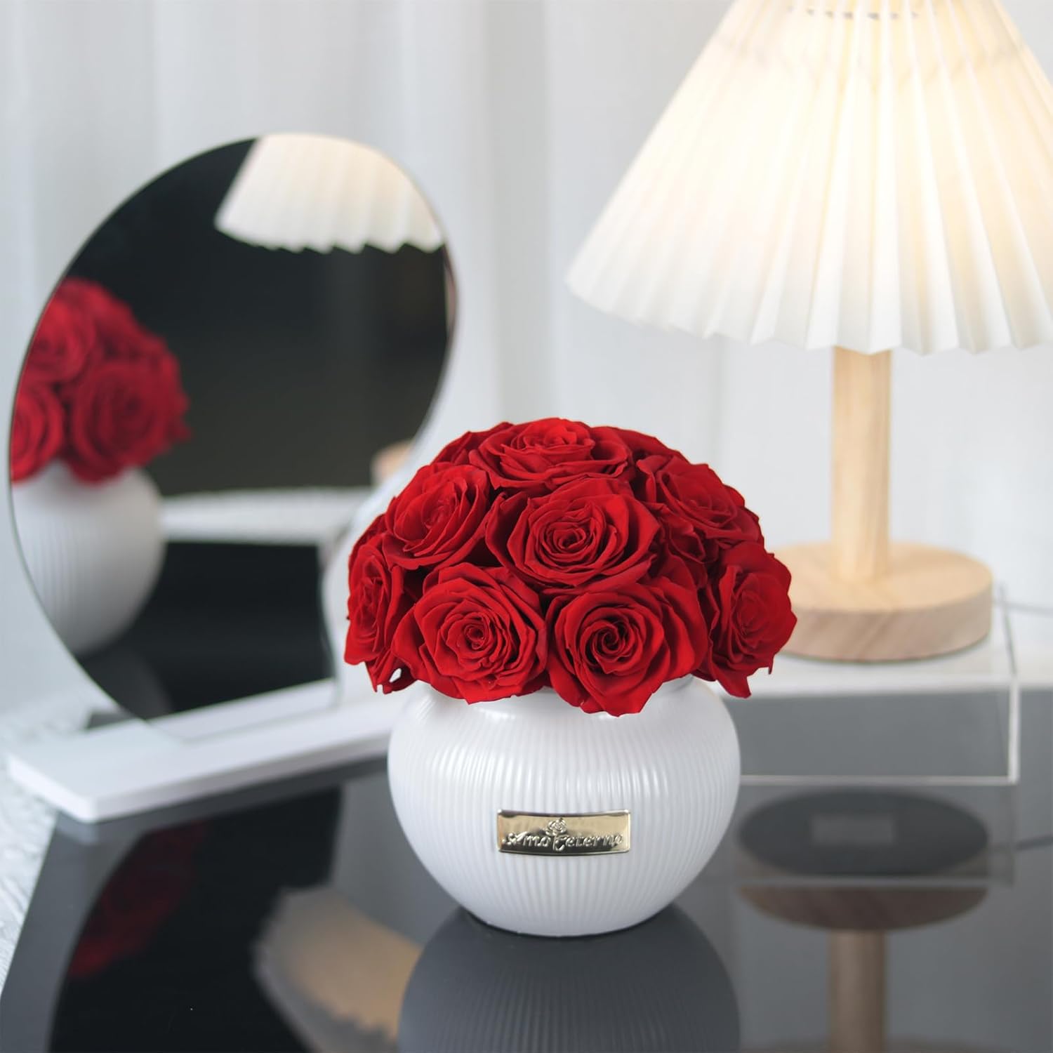 Preserved Roses,Weeding Flowers,Table Centerpiece Flowers,14Pcs Long Lasting Real Rose in Ceramic Vase,Table Flowers for Party,Wedding Decor,Birthday,Anniversary,Wedding Gifts for Her (Red)