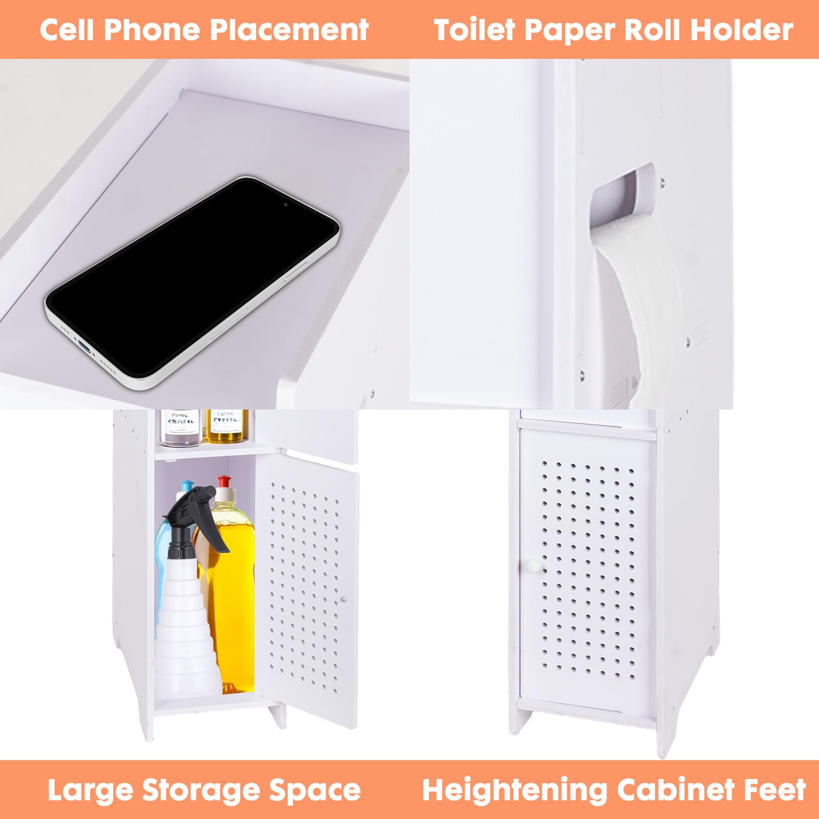 powerking Soporte para papel higiénico, pequeño armario de almacenamiento de baño blanco con puertas, armario de almacenamiento de baño delgado para espacios pequeños de esquina en el suelo
