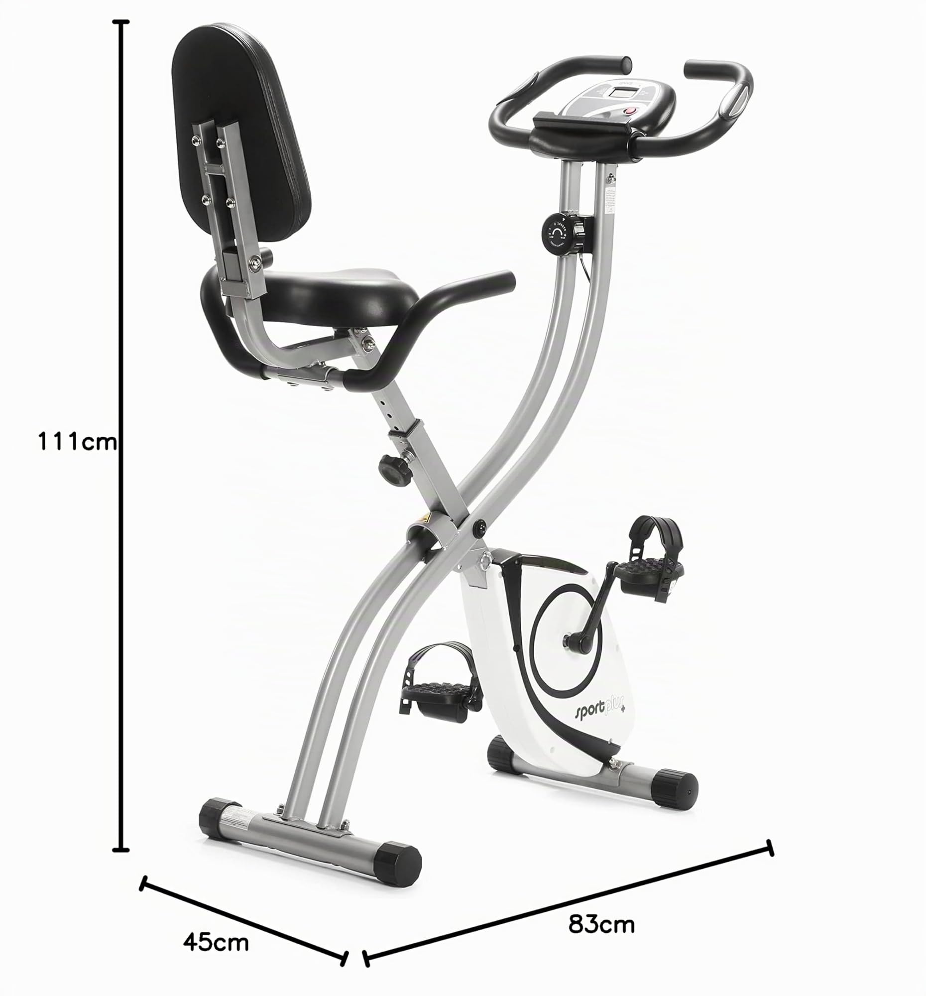 SportPlus vélo d'appartement pliable avec dossier - 8 niveaux de résistance (freinage magnétique silencieux), avec support tablette, capteur de fréquence cardiaque