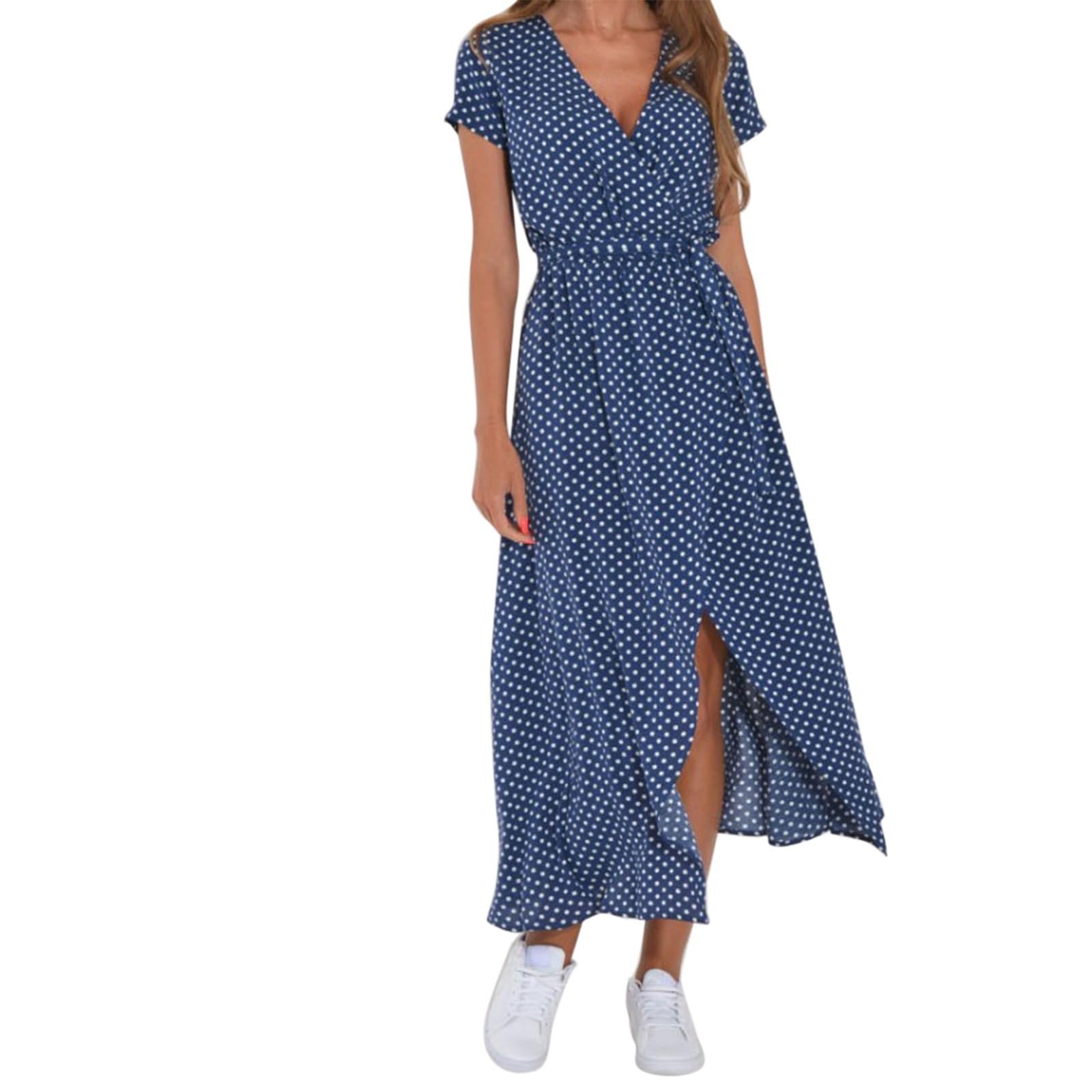 DJYQLCWA Mujer Vestido Cuello Redondo Manga Larga Imprimir Túnicas Vestido de Manga Corta con Cuello en V y Estampado de Lunares de Vacaciones para Mujer Vestidos Tul Mujer