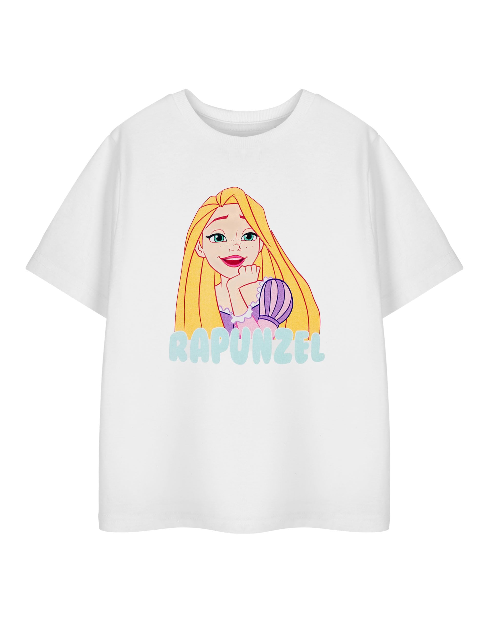 Disney Girls Rapunzel Princess White Short Sleeve Graphic Tee | Short Sleeved T-Shirt | Kids Princess Apparel | Fairy Tale Character Top | Magical Merchandise Gift For Children & Teens