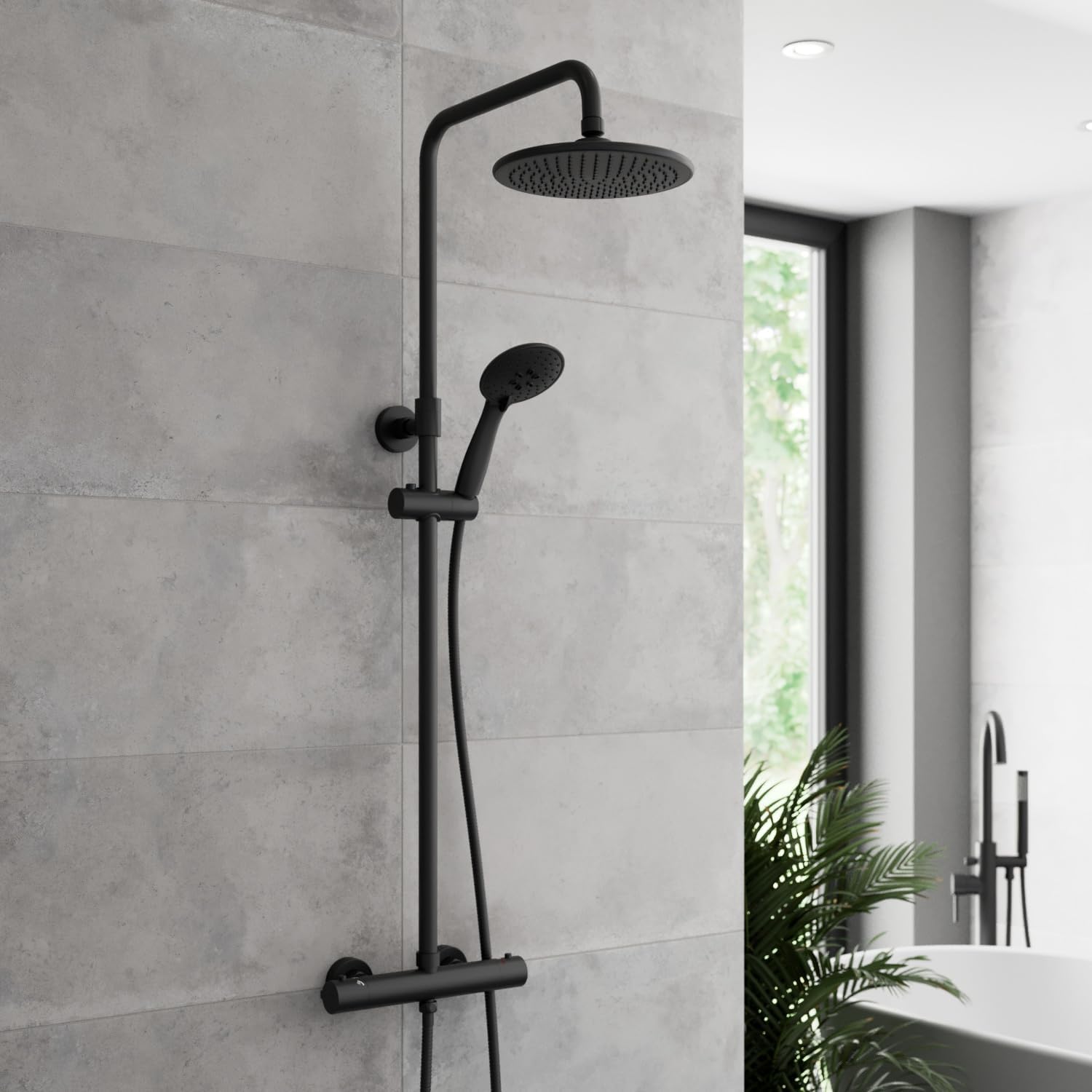 Baystone Black Baystone® Bathroom Thermostatic Mixer Shower Round Rainfall Drencher Head Handset Adjustable Riser Rail & Exposed Bar Valve Wall Mounted,