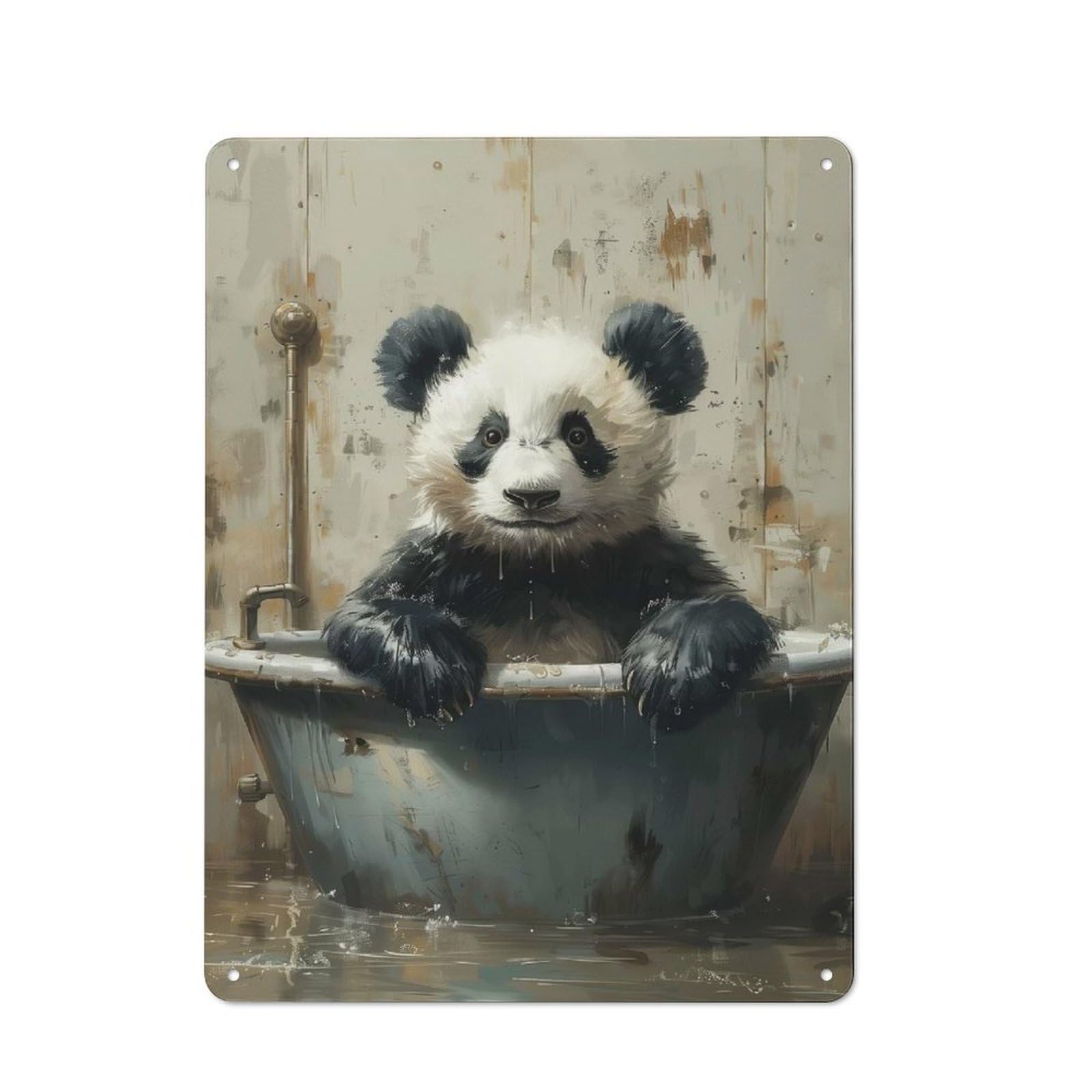 Vintage Tin Sign 40x30cm Featuring Panda in A Bathtub, Porch Wall Decor for Patio Bar, Workshop, Shed Or Kitchen
