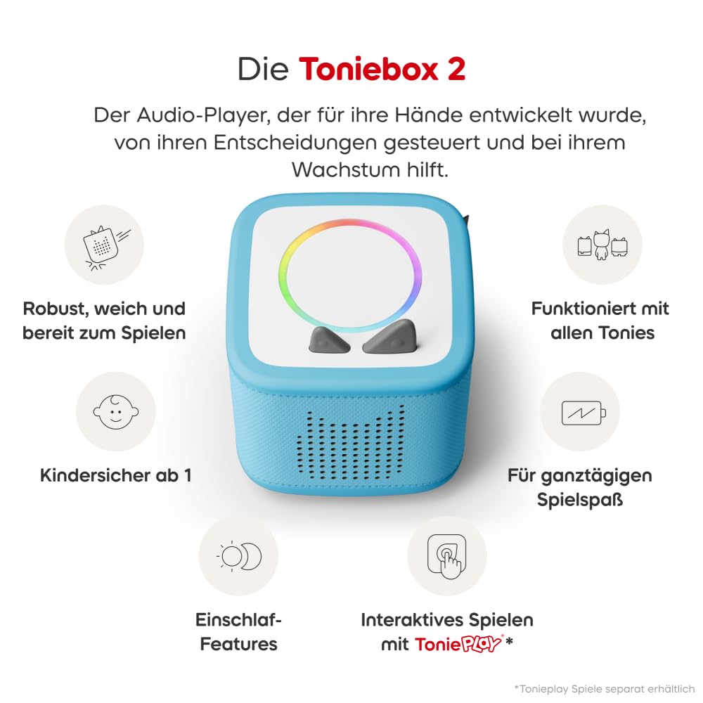 tonies Toniebox 2 Tonieplay Bundle Incl. 1 Tonieplay Spiel + Controller: Disney Quiz, Himmelblau, Audioplayer für Hörbücher, Lieder, Einschlafen und Tonieplay für Kinder