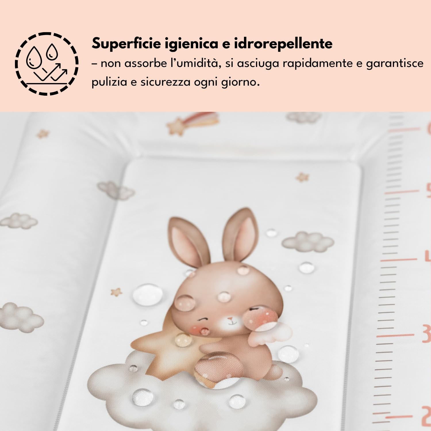 Materassino fasciatoio 50x70 cm, bianco con coniglio – impermeabile e lavabile, morbido per neonati – cuscino fasciatoio per cassettiera – materassino cambio pannolino, facile da pulire