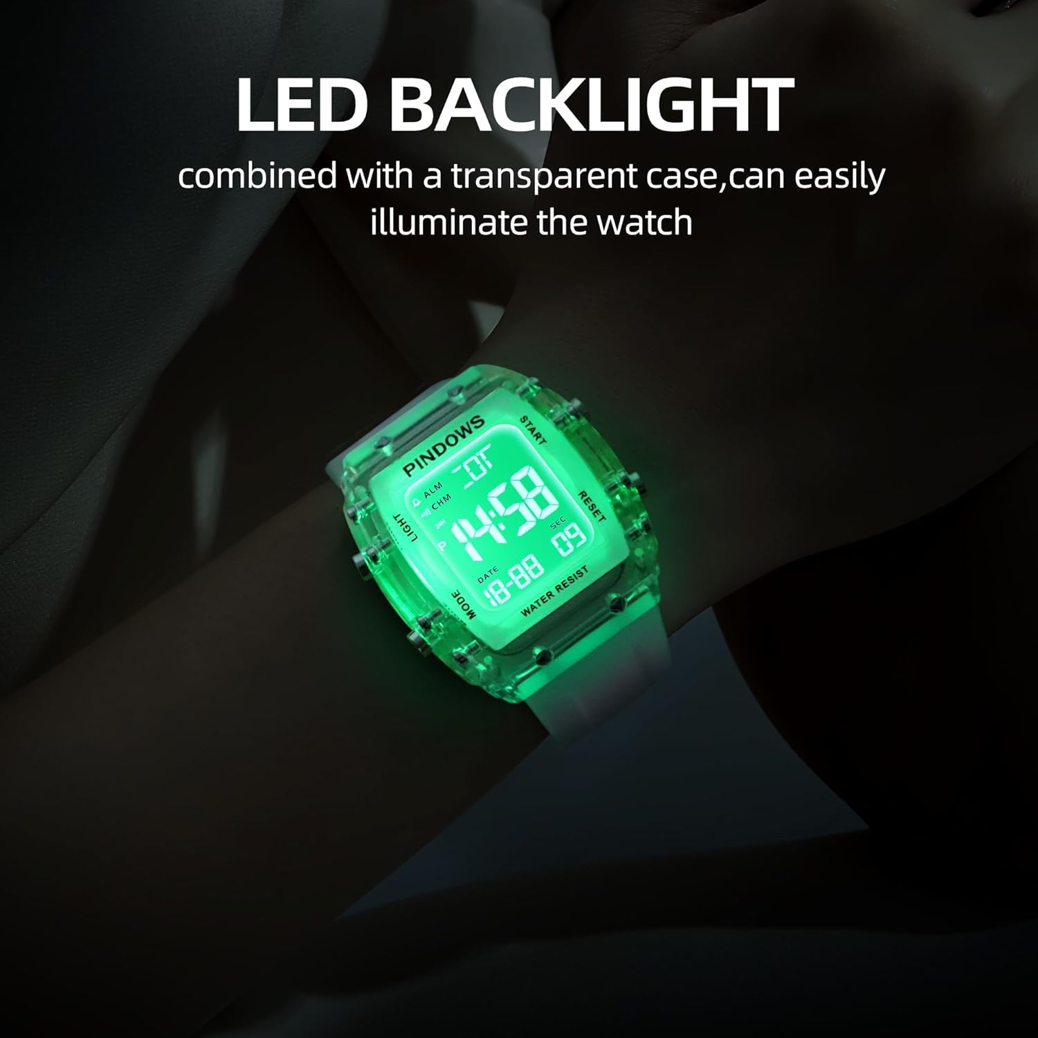 PINDOWS Digital Sports Watch with illuminated LED backlight.