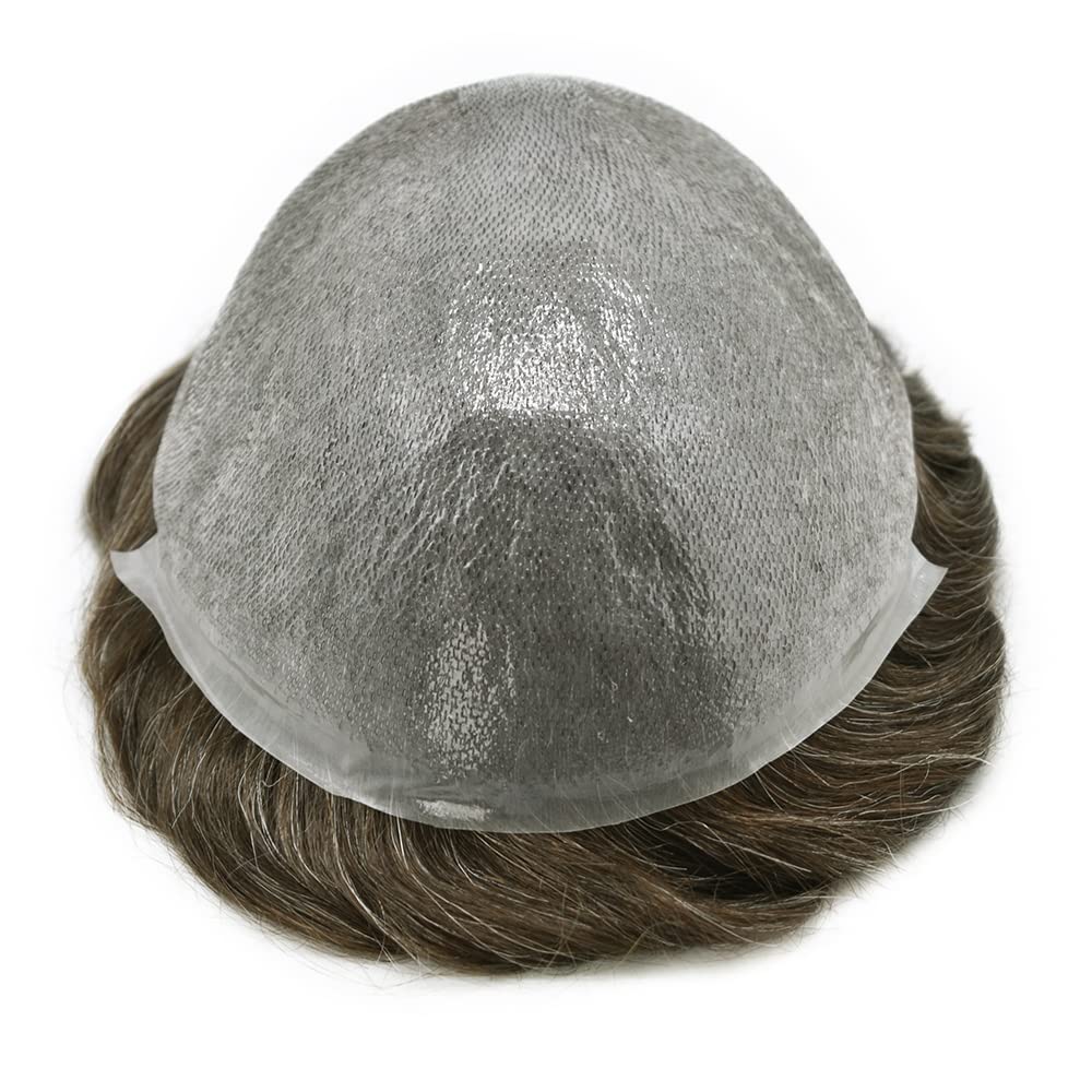 Mens Hair Piece Human Hair System for Men Toupee 0.06mm Ultra Thin Skin Hair Replacement System for Mens Hairpieces Protesis Capilar #420 4# MEDIUM BROWN+20% GREY 7x9 90% 90% light density