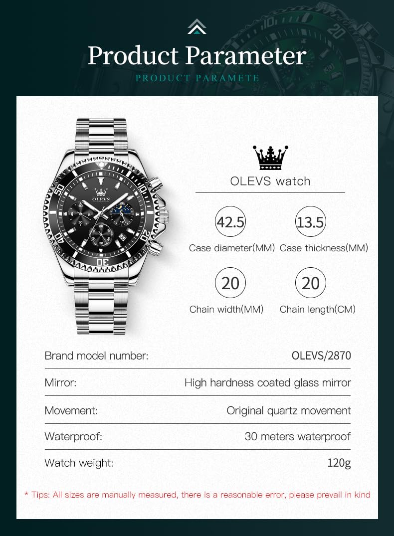 OLEVS Orologi per gli uomini Impermeabile Designer di Lusso Formale Luminoso Due Toni In Acciaio Inox Orologio Da Uomo Data Fase Lunare Cronografo Orologio Al Quarzo Regali