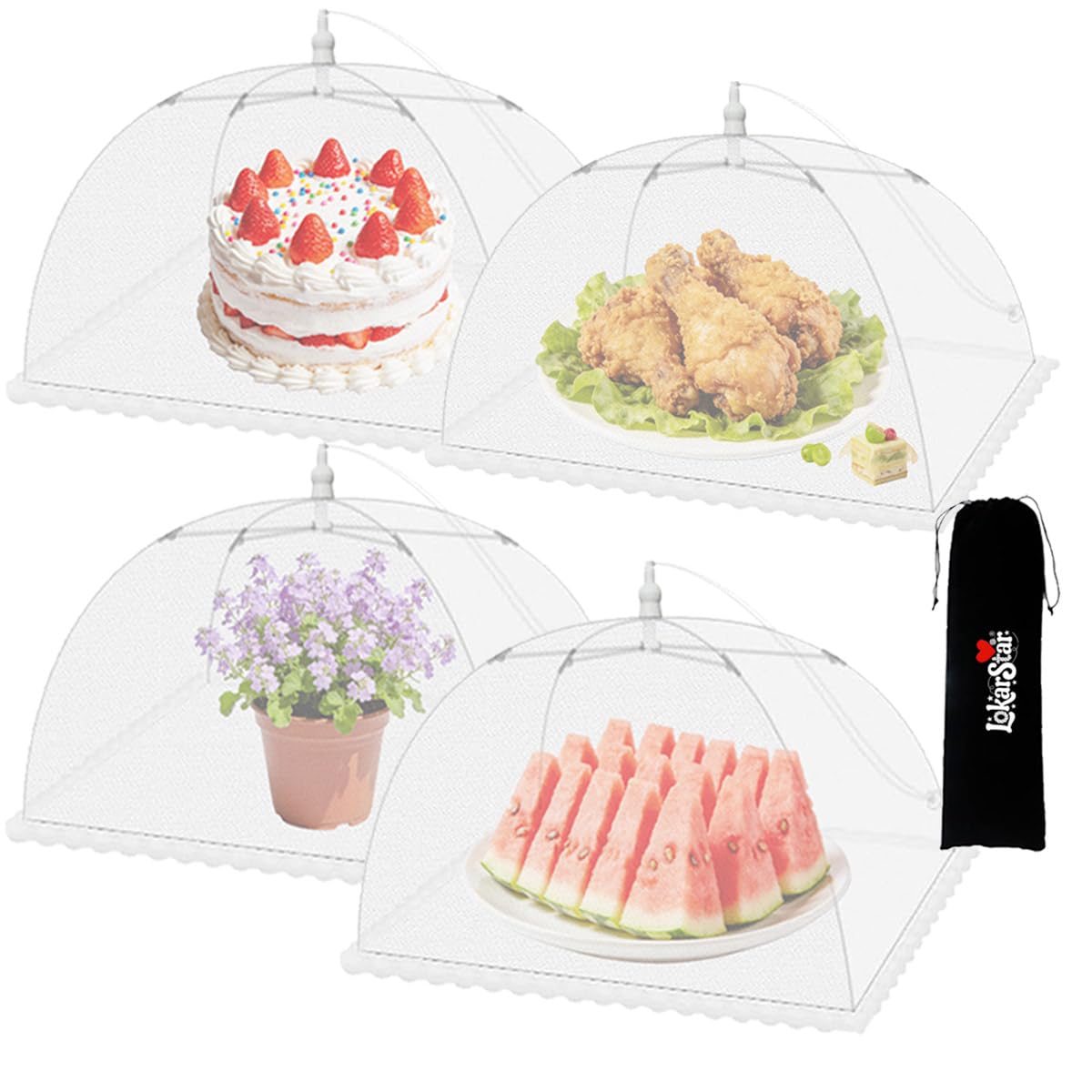 4PCS Food Covers Food Net, Large Food Covers Mesh Pop Up, Cake Fruit Cover Food Umbrellas Domes for Outdoors Parties, Picnics BBQs, Screen Tents, Reusable (White)