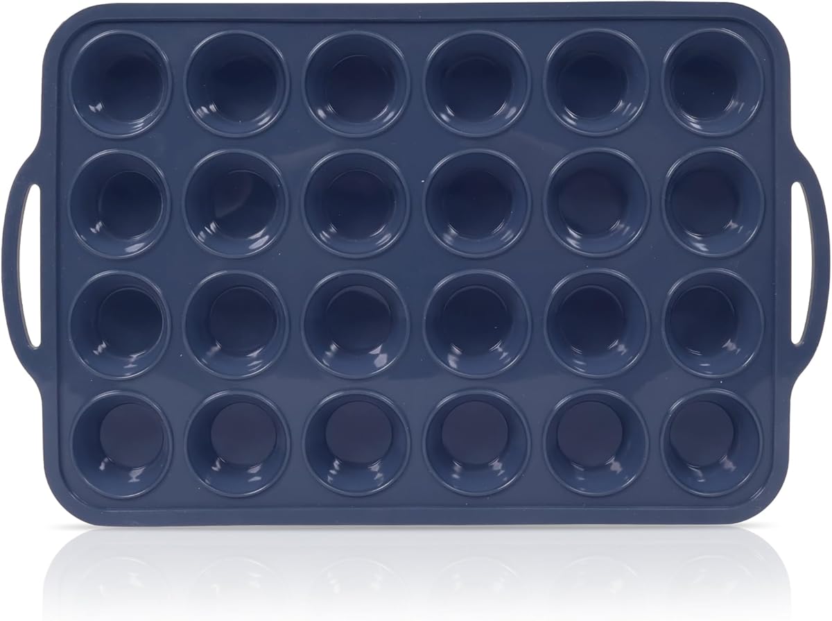 Mini Silicone Muffin Pan with Metal Frame, Non Stick Silicone Cupcake Pan with Handles 24 Cup, BPA Free Silicon Muffin Tin Tray Small for baking, egg bites, Cupcake Mold Grey