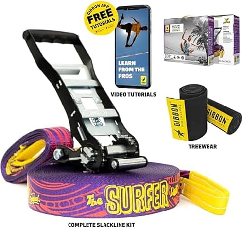 Miniatura 3 de GIBBON Slacklines Surferline con ropa de árbol, morado, 98 pies (línea de 90 pies + correa de trinquete de 8 pies con lazo reforzado) incl.