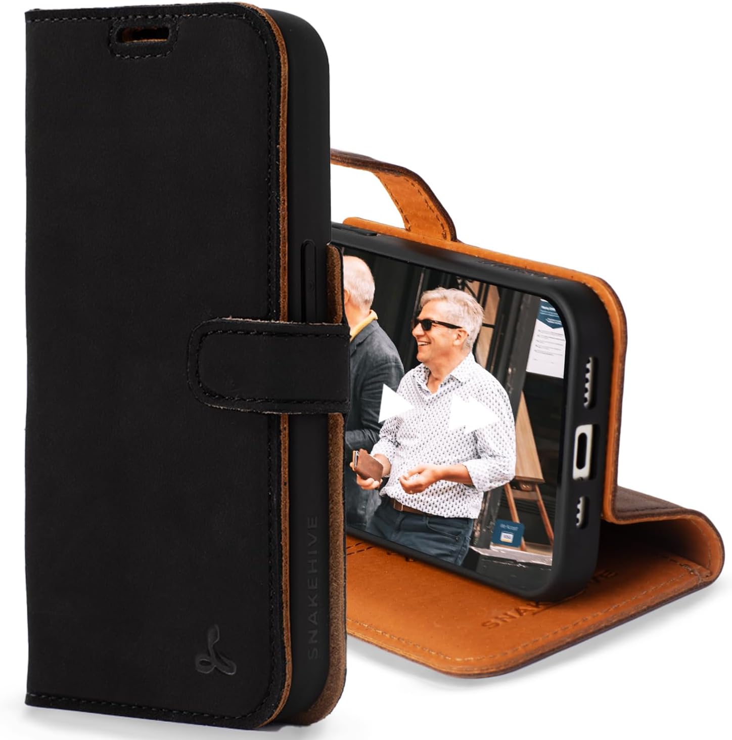 Snakehive Leather Wallet for iPhone 15 Pro - Real Leather Wallet Phone Case - Genuine Leather with Viewing Stand and 3 Card Holder - Flip Folio Cover with Card Slot (Black)