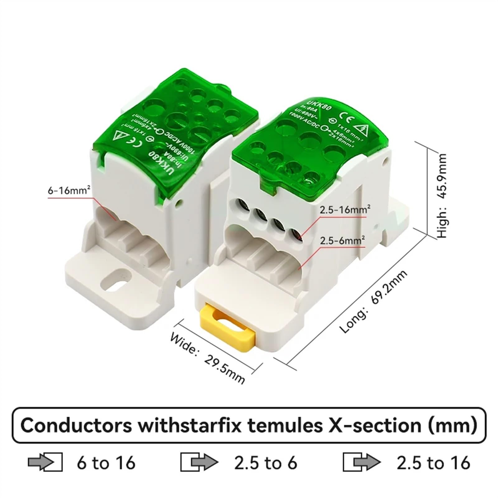 1 Uds UKK80A 690V bloque de terminales de carril DIN caja de conexiones divididas uno en muchos caja de distribución conector de cable eléctrico de alta corriente(Green)
