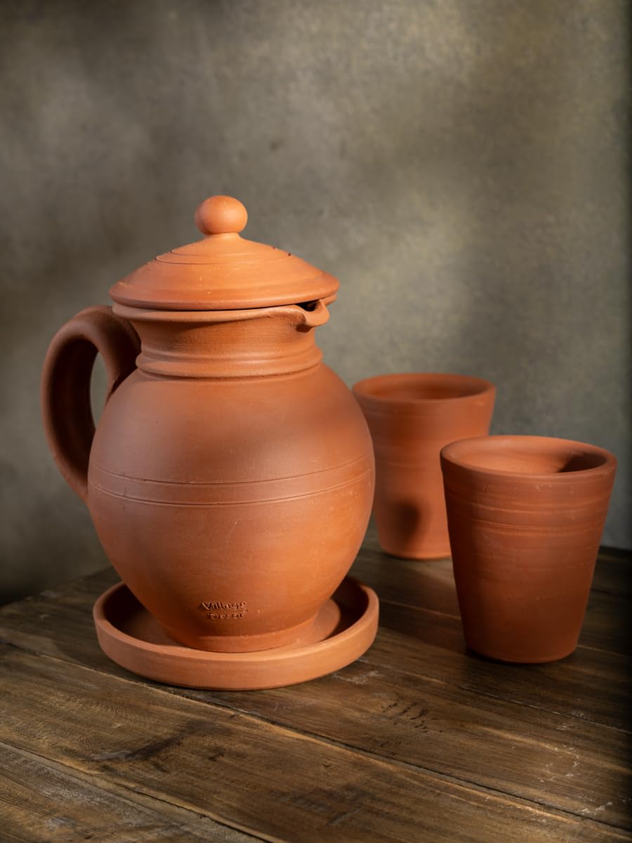 Village Decor Handmade Terracotta Preseasoned Water jug |1.5 Liter with Bottom Tray & Glass