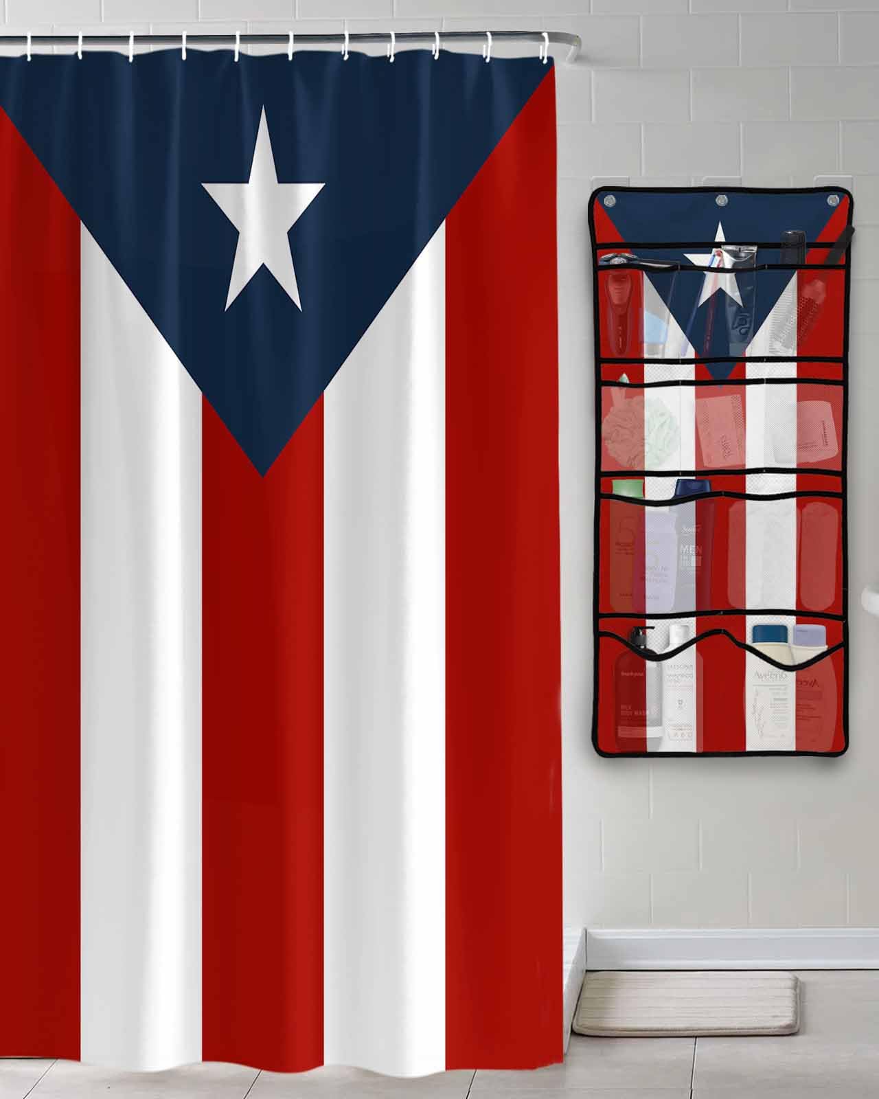 Shower Curtain Mesh Shower Organizer Hanging Set Puerto Rico Flag Patriot Waterproof Shower Curtains with 10 Pockets Quick