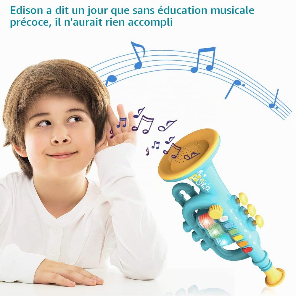 Trompette Portable avec Musique - Instrument de Musique Allumé en Plastique, Jouet pour Enfants (Blue)