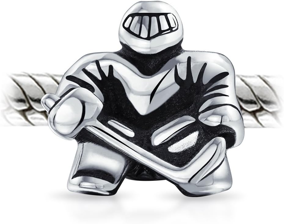 Bling Jewelry Ice Goalie Sports Team Hockey Player Charm Bead For Women Teen Oxidized .925 Sterling Silver Fits European Bracelet