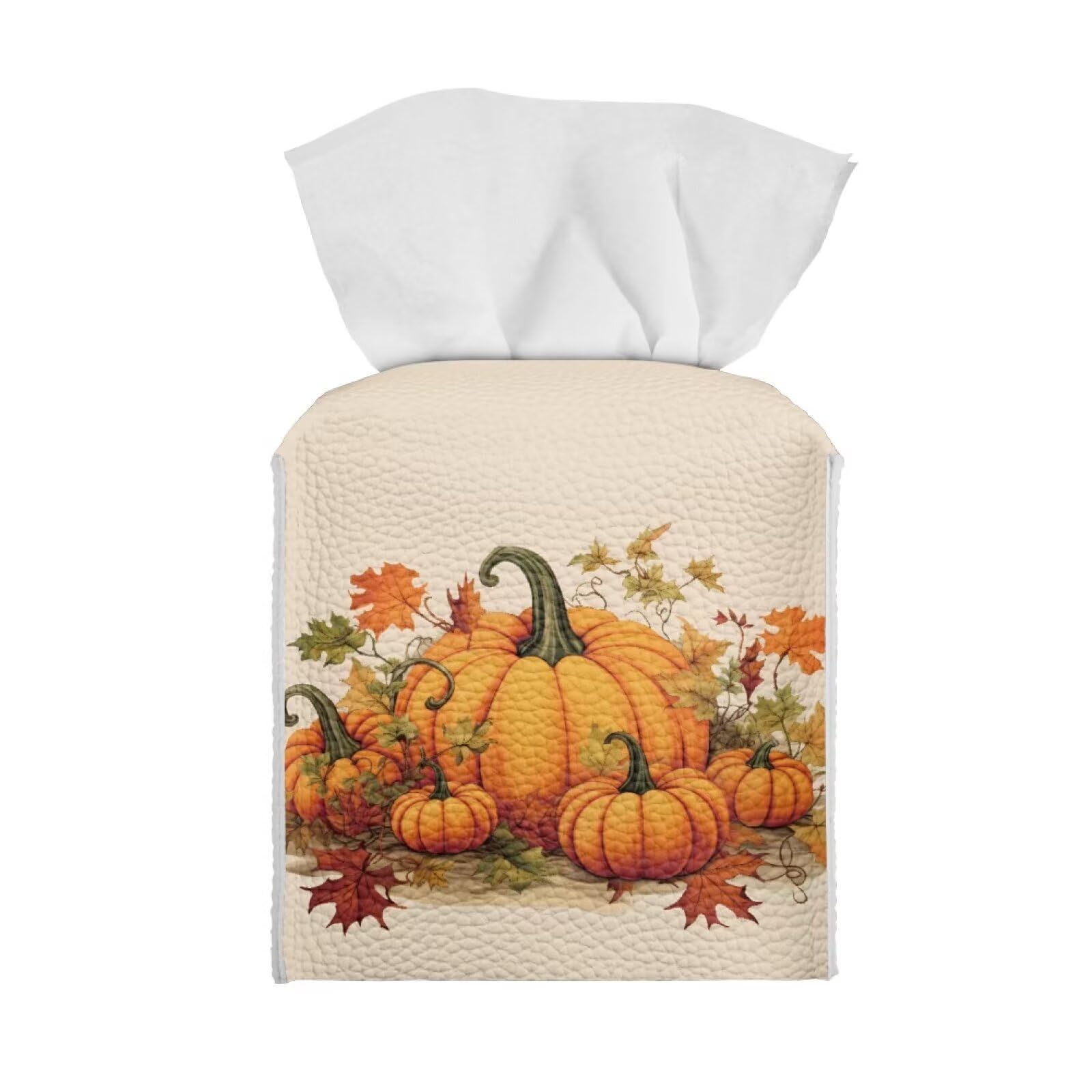 Tutolipy Fall Pumpkin Tissue Box Holder Square PU Leather Box Cover Facial Tissue Covers Cube Napkin Organizer Dispenser for Bedroom Office Bathroom Decor