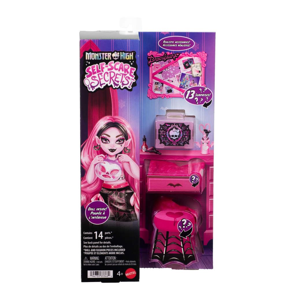 Monster High Straszyrelaks self-care Draculaura Zestaw, lalka + akcesoria-niespodzianki, w tym wałek do twarzy i personalizowana tablica, zabawka dla dzieci 4+, JHK43