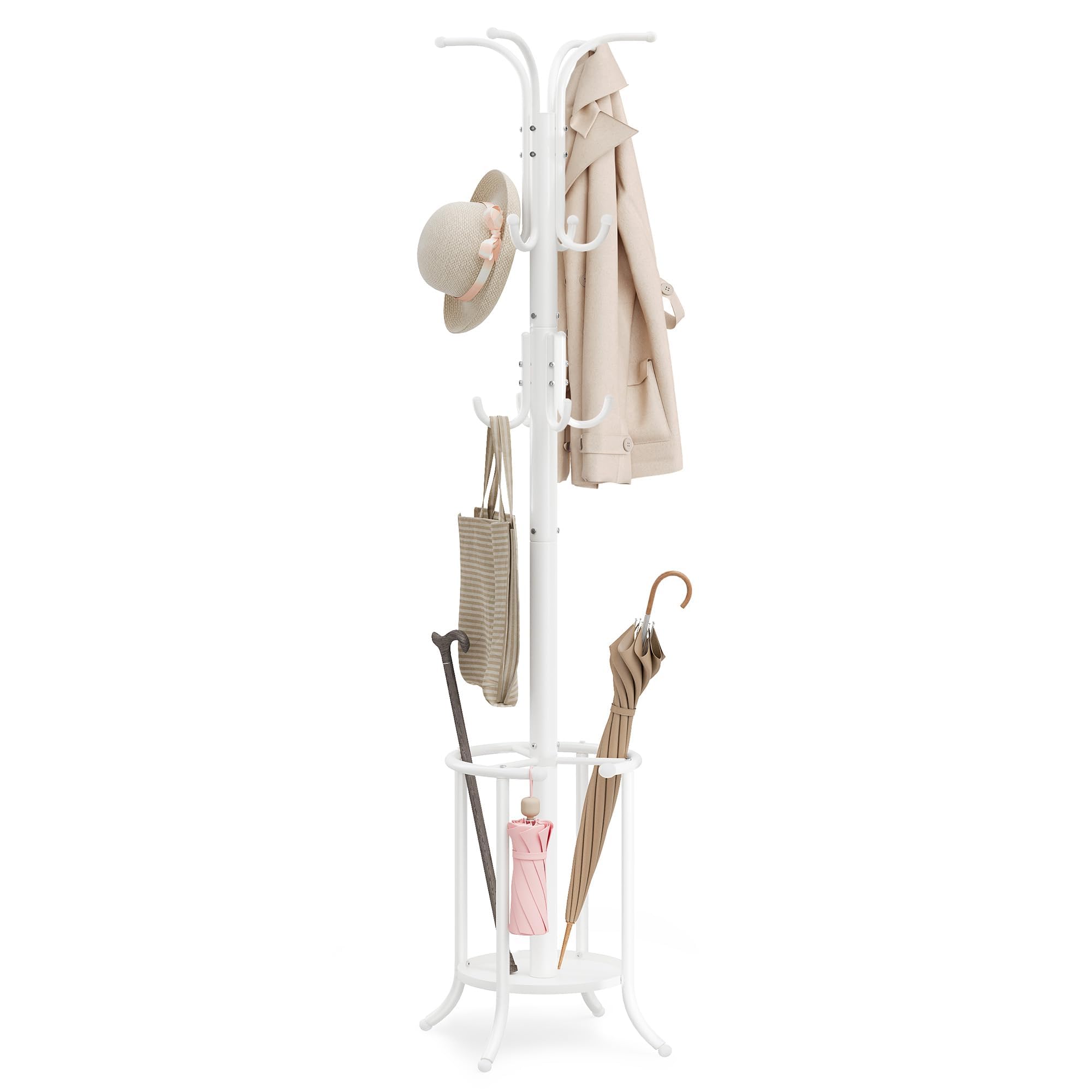 SONGMICS Kleiderständer freistehend, Garderobenständer mit Regenschirmständer, 12 Haken, Metall, 175,5 cm hoch, für Eingangsbereich, Flur, Wohnzimmer, Schlafzimmer, perlweiß RCR011W01