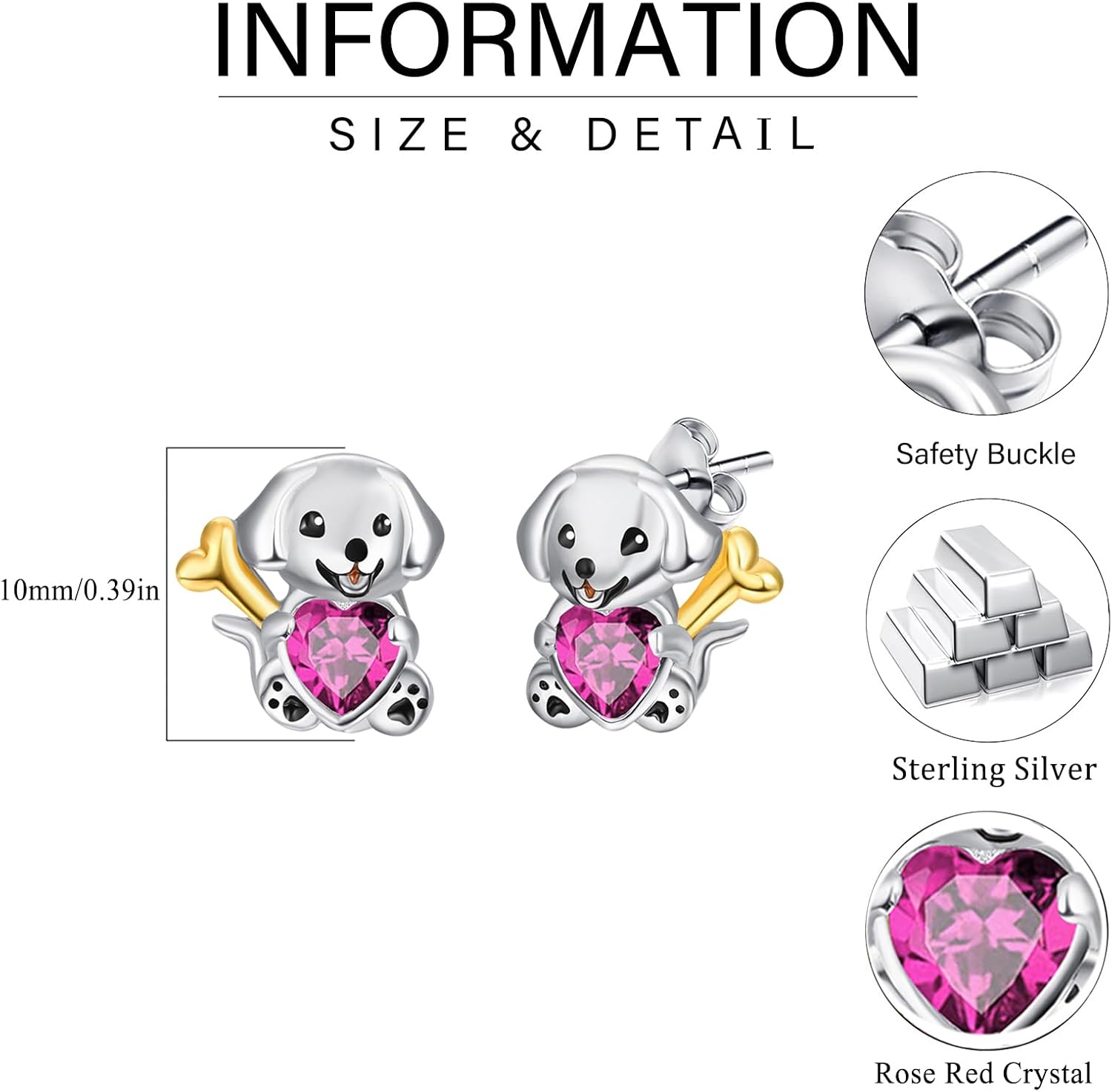 Dreamboat Hypoallergenic Dog Stud Earrings for Women 925 Sterling Silver Heart Crystal Puppy Animal Jewelry Gifts for Sensitive Ear