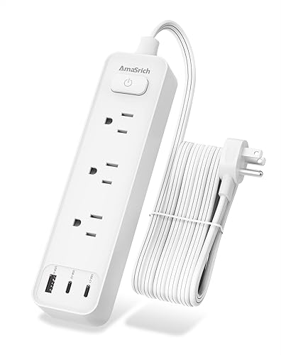 AMASRICH - Regleta de alimentación con 2 USB C cable de extensión plano de 5 pies y enchufe 3 salidas de CA y 3 puertos USB estación de carga de