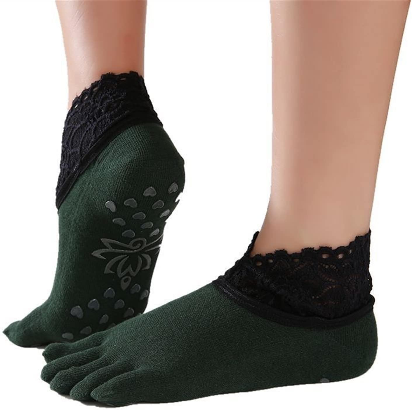 Women's Socks Yoga Socks Women Lace Five Finger Silicone Dots Anti Slip Breathable Dance Floor Socks Girl Fitness Pilates Cotton Socks 3 Pair Women's Stockings(L)