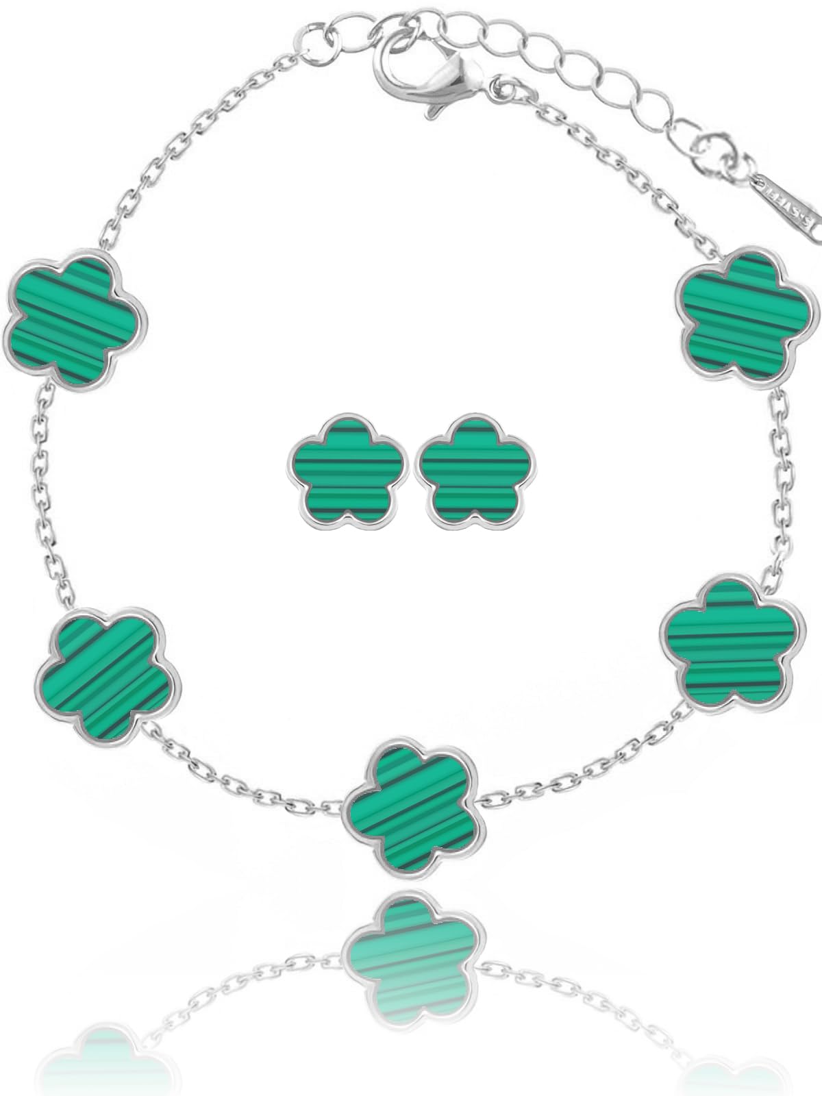 Qinpan Four Leaf Clover Earring and Bracelet Set for Women Lucky Flower 14K Gold Jewelry