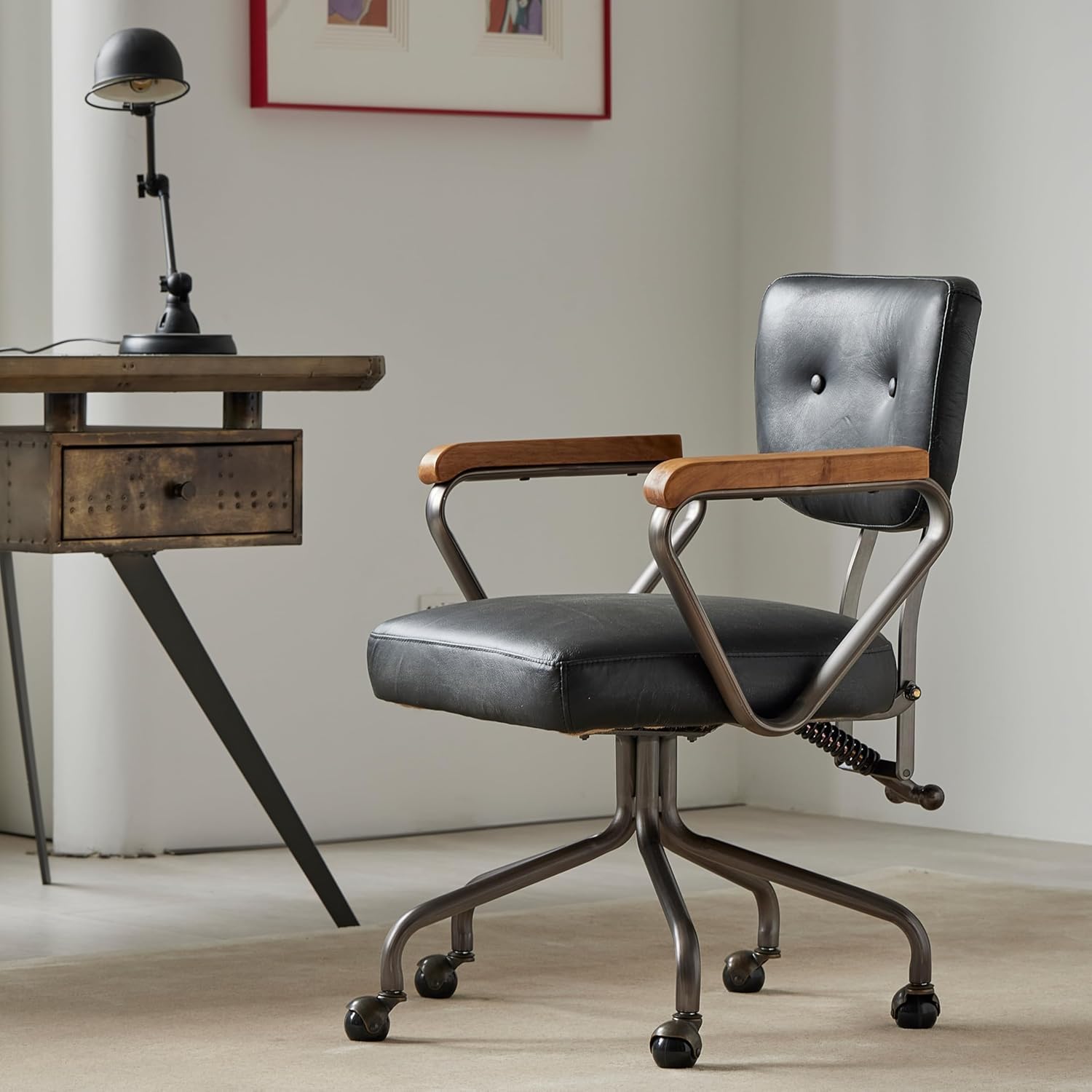 PELLEBAR Home Office Chair, Mid-Century Distressed Genuine Leather Office Chair, Swivel Chair with Reclining Back for Home Office - Image 3
