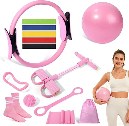 Kit de pilates de 14 piezas, kit esencial de pilates para mujeres, equipo de pilates para el hogar con anillo de bola circular de yoga, 5 bandas de